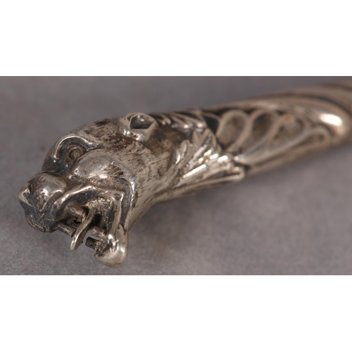 271 - A VICTORIAN SILVER LEOPARD HEAD HANDLED MOTHER-OF-PEARL PAGE TURNER, 19.5cm long, marks rubbed