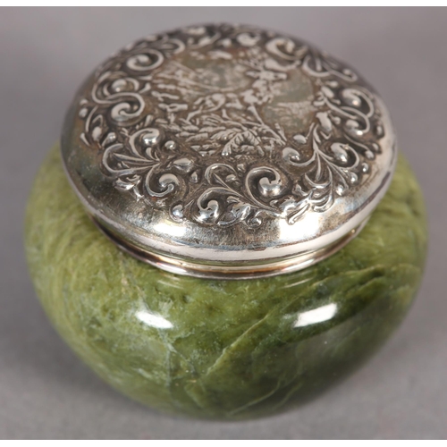 284 - AN EDWARD VII SILVER TOPPED GREEN MARBLE PIN JAR, of circular outline, chased with a representation ... 