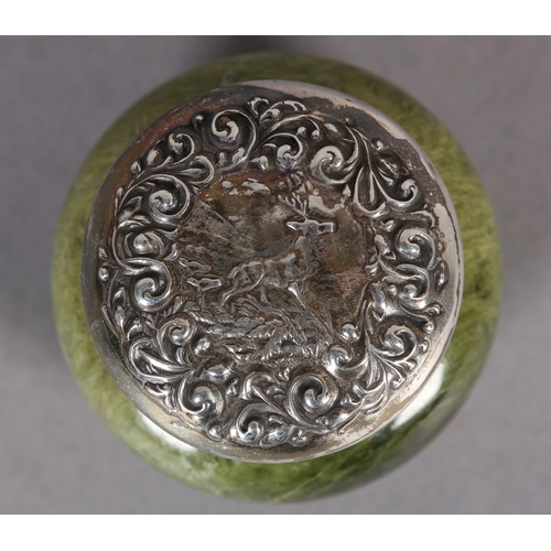 284 - AN EDWARD VII SILVER TOPPED GREEN MARBLE PIN JAR, of circular outline, chased with a representation ... 