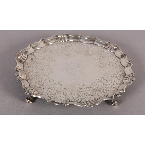 247 - A GEORGE II SILVER SALVER, London 1738, John Robertson II, circular, the centre engraved with monogr... 