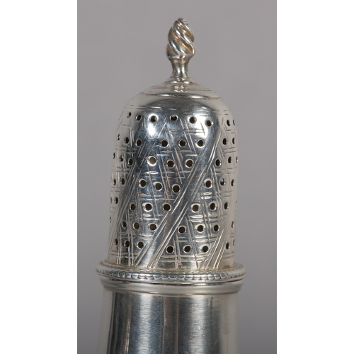 250 - A GEORGE III SILVER SUGAR CASTOR, London 1782, Hester Bateman, writhen knop finial, baluster body wi... 