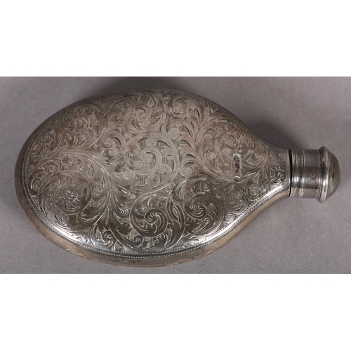 253 - A VICTORIAN SILVER SPIRIT FLASK, of oval outline with foliate scroll engraving and open quatrefoil c... 