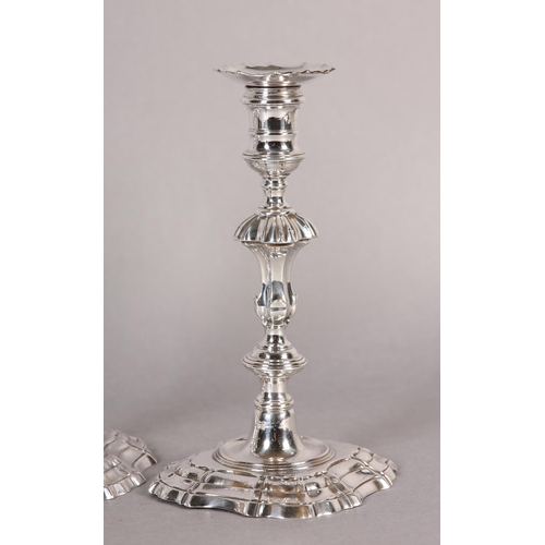 208 - A SET OF FOUR GEORGE II SILVER CANDLESTICKS, London 1750, WM Gould ring turned nozzles with detachab... 