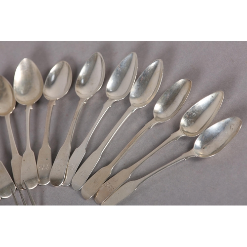 210 - SILVER ASSAY EXAMPLES,  teaspoons and one fork, variously hallmarked in Exeter, Dublin, Edinburgh, P... 