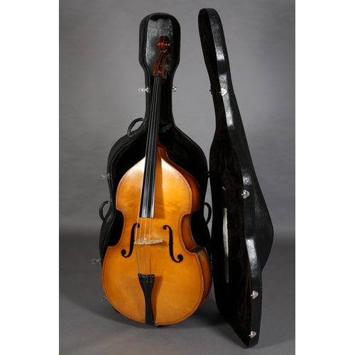 7 - A THREE QUARTER DOUBLE-BASS having a single piece maple back with two bows, fitted cloth cover and h... 