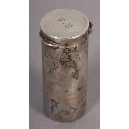 281 - A GEORGE V SILVER CASED TRAVELLING SHAVING BRUSH, of cylindrical outline with hinged lid initialled ... 