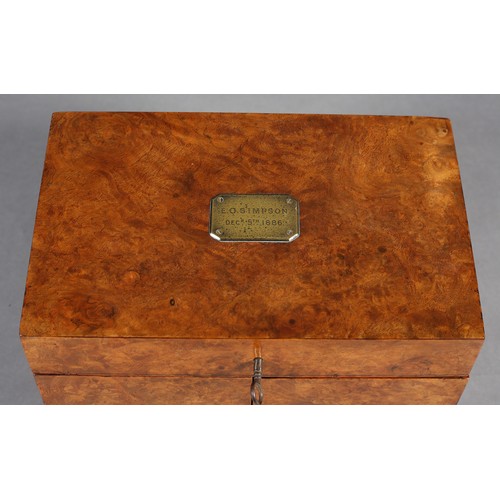 87B - A VICTORIAN BURR WALNUT STATIONERY BOX, the sloping lid with brass cartouche engraved E. O. Simpson ... 