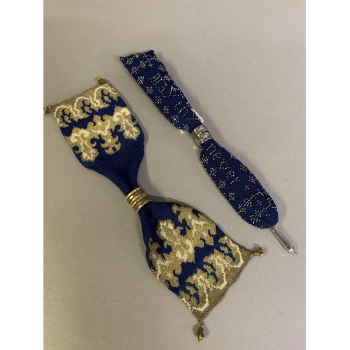 256 - Four large, 19th century miser’s purses, the first crocheted in navy blue with the addition of cream... 