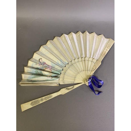 35 - A c 1890’s topographical fan, the plain bone monture mounted with a silk leaf in turquoise blue, pai... 