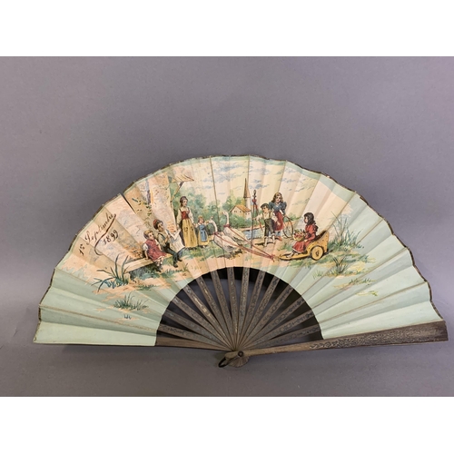 30 - A dated, painted paper fan, bearing initials for BC, the date of 1906 and a spray of violets to the ... 