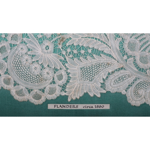 186 - Antique lace: two fine fragments of Belgian lace framed for display, the first c 1880’s, from a flou... 