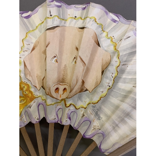 48 - An animal fan by Duvelleroy, in ballon form, featuring a pig wearing a frilly collar and yellow ribb... 