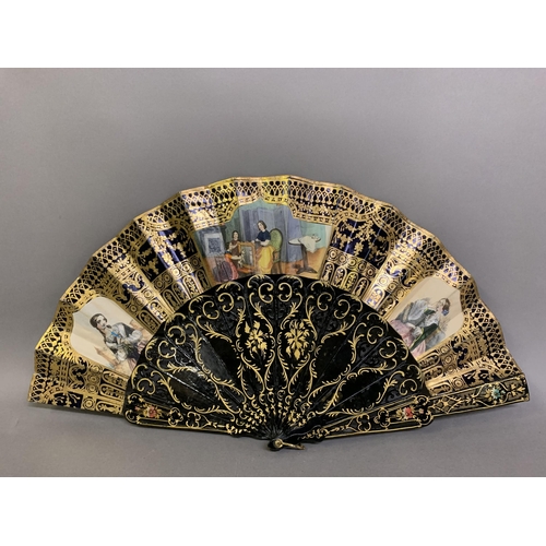 47 - c1860’s a wood fan with bold lithographed leaf, the recto showing two ladies of high status meeting ... 