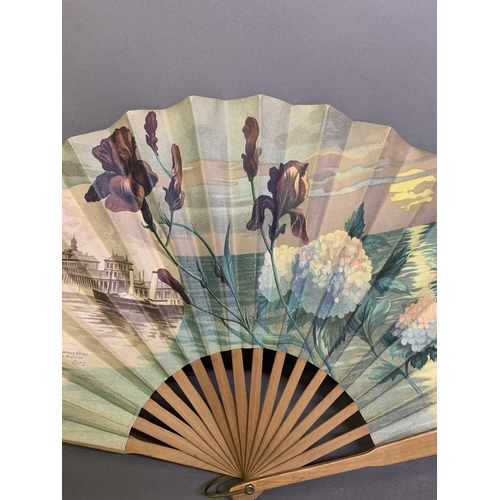 133 - A colourful french Art Nouveau fan advertising and showing two hotels in Calais, one the Terminus at... 