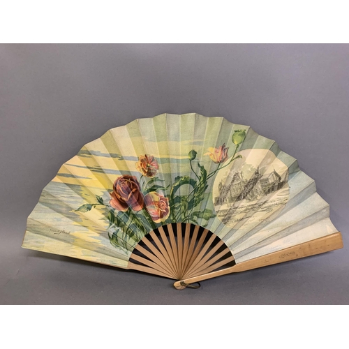 133 - A colourful french Art Nouveau fan advertising and showing two hotels in Calais, one the Terminus at... 