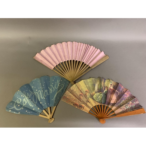 132 - Chocolates and cafés VOISIN, a paper advertising fan printed by V. Espi, Paris, the recto showing tw... 