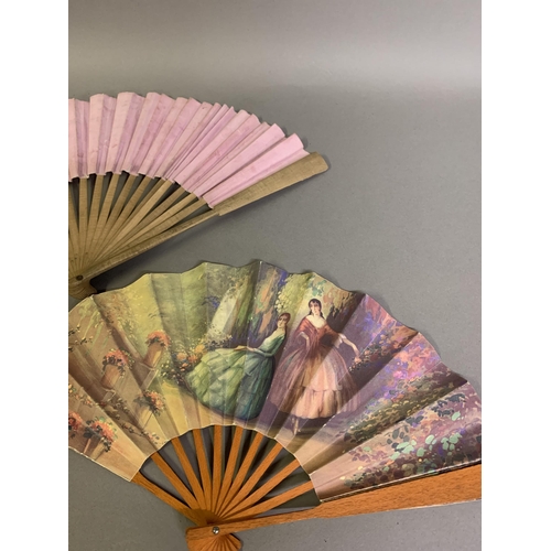 132 - Chocolates and cafés VOISIN, a paper advertising fan printed by V. Espi, Paris, the recto showing tw... 