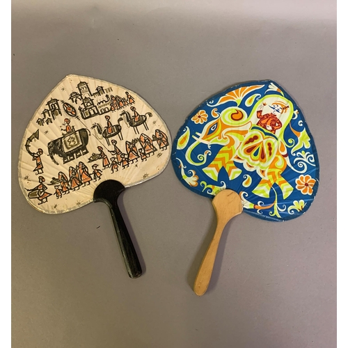 117 - Two large, colourful, palm-shaped fixed fans advertising “Air India”, the first with a route map to ... 