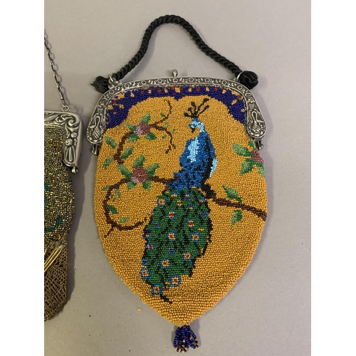 272 - A large c 1900 beaded bag with a design to both panels of a peacock seated on a branch with blossoms... 