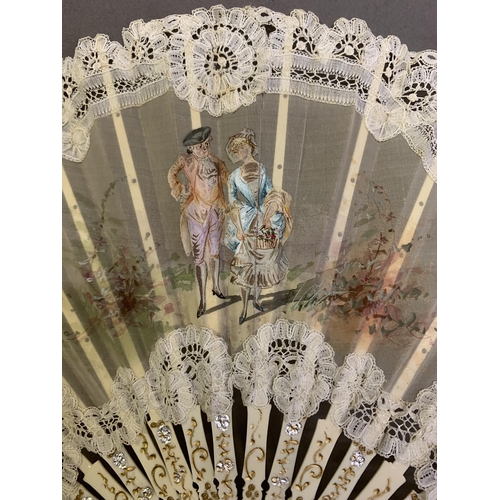 84 - An early 20th century Brussels tape lace fan with central painted gauze depiction of a courting coup... 