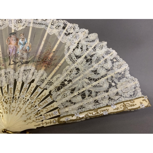 84 - An early 20th century Brussels tape lace fan with central painted gauze depiction of a courting coup... 