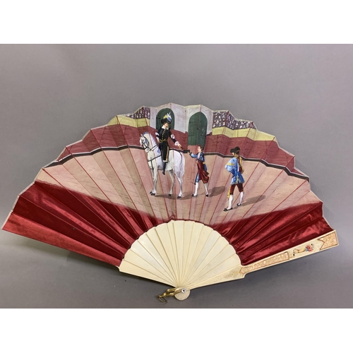 58 - A good, large  c 1890’s bone fan, mounted with a deep silk leaf, painted with an informal gathering ... 