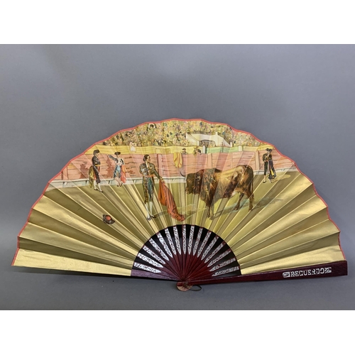 58 - A good, large  c 1890’s bone fan, mounted with a deep silk leaf, painted with an informal gathering ... 