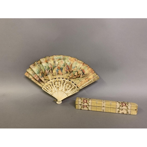 64 - A small bone late 19th century/early 20th century gilded bone fan mounted with the known printed sil... 