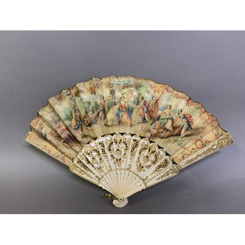 64 - A small bone late 19th century/early 20th century gilded bone fan mounted with the known printed sil... 