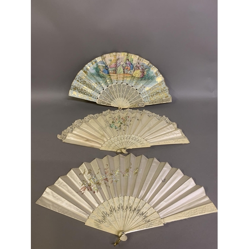 66 - Three bone fans c.1860- 1880’s, the first mounted with a cream silk leaf, painted with leaves, the f... 