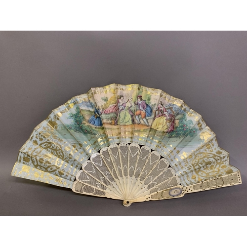 66 - Three bone fans c.1860- 1880’s, the first mounted with a cream silk leaf, painted with leaves, the f... 