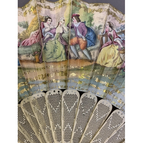 66 - Three bone fans c.1860- 1880’s, the first mounted with a cream silk leaf, painted with leaves, the f... 