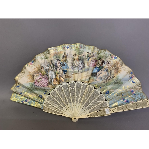 66 - Three bone fans c.1860- 1880’s, the first mounted with a cream silk leaf, painted with leaves, the f... 