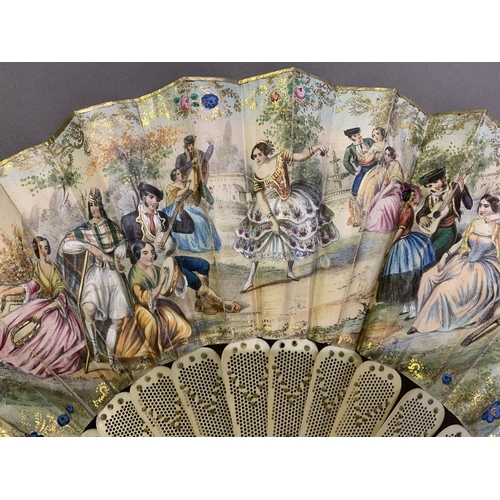 66 - Three bone fans c.1860- 1880’s, the first mounted with a cream silk leaf, painted with leaves, the f... 