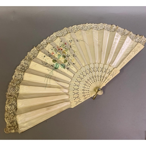 66 - Three bone fans c.1860- 1880’s, the first mounted with a cream silk leaf, painted with leaves, the f... 