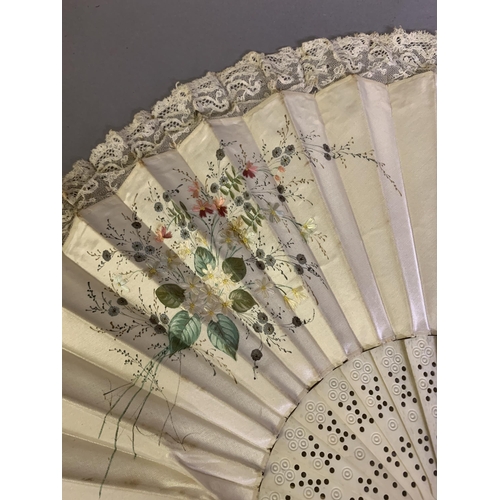 66 - Three bone fans c.1860- 1880’s, the first mounted with a cream silk leaf, painted with leaves, the f... 