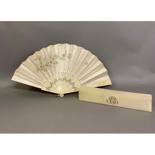 66 - Three bone fans c.1860- 1880’s, the first mounted with a cream silk leaf, painted with leaves, the f... 