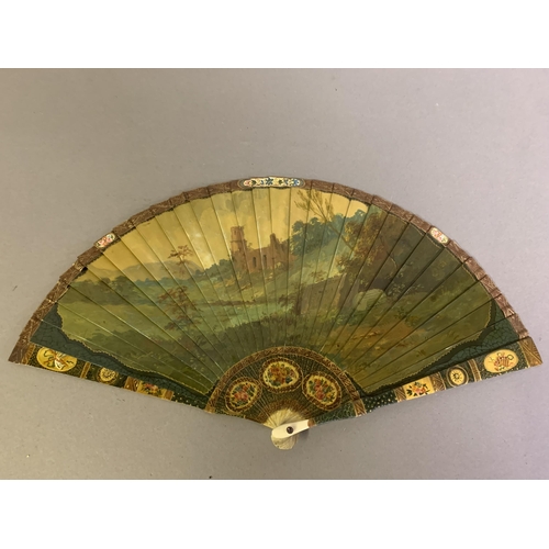 67 - A good 19th century Vernis Martin type brisé fan, bone sticks, almost totally decorated with a merry... 