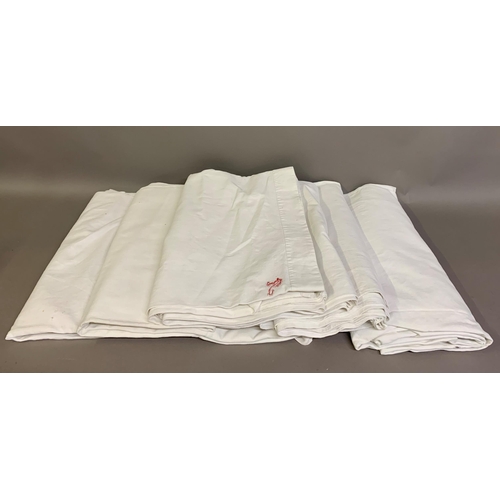 181 - Five heavy French linen sheets, embroidered with initials in red, approx. 200cm x290cm