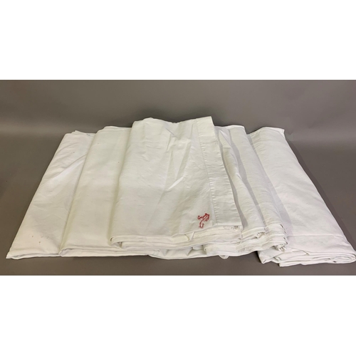 181 - Five heavy French linen sheets, embroidered with initials in red, approx. 200cm x290cm