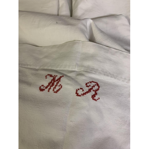 181 - Five heavy French linen sheets, embroidered with initials in red, approx. 200cm x290cm