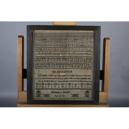 153 - On Education: a 19th century needlework sampler, Eleanor Grady, 1820, the verse comparing an uneduca... 