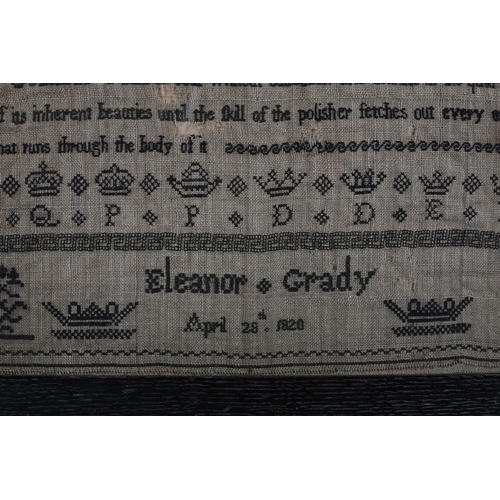 153 - On Education: a 19th century needlework sampler, Eleanor Grady, 1820, the verse comparing an uneduca... 