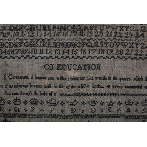 153 - On Education: a 19th century needlework sampler, Eleanor Grady, 1820, the verse comparing an uneduca... 