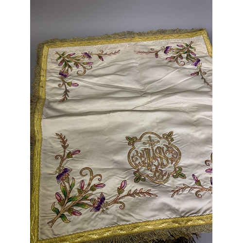 206 - Ecclesiastic embroidered items: a good decorative panel with couched gold thread embroidery and colo... 