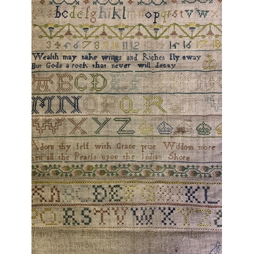 152 - A finely worked 18th century band sampler by Martha Hoskins, featuring three short statements inters... 