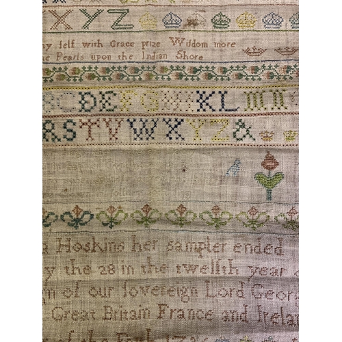 152 - A finely worked 18th century band sampler by Martha Hoskins, featuring three short statements inters... 