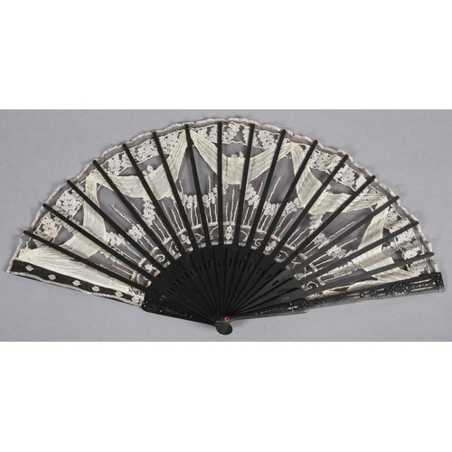 76 - Lace and sequin fan c 1905, the white lace handmade and most likely Belgian, applied onto black net,... 