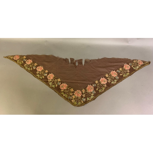 219 - A panel of a possibly 18th century silk, in triangular fichu form, the two sides leading to the curv... 