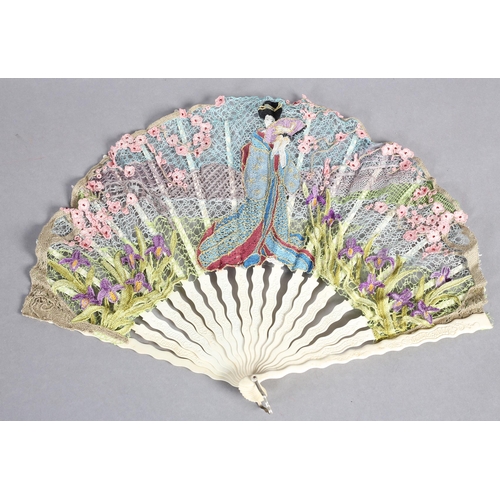 88 - Ann Collier: The Japanese Geisha, a large incised bone fan with bobbin and needle lace leaf in fonta... 